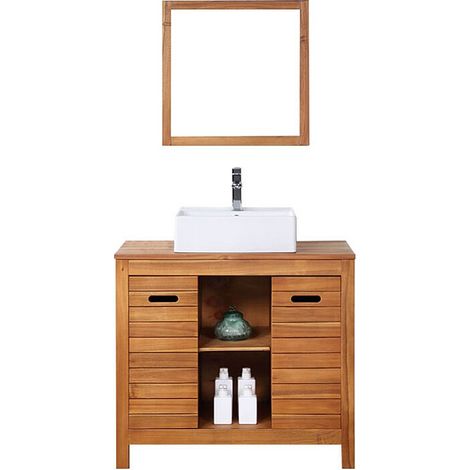 Mobile bagno con lavabo semplice e specchio 90 cm in Legno di acacia - PULUKAN (1/4)