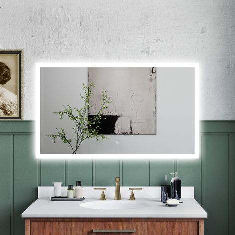 OCEAN Specchio da bagno con LED 90x70cm,3 colori,Dimmerabile, Antiappannamento,Memoria,IP44, Vetro HD,Doppio interruttore,Orizzontale/Verticale (1/5)