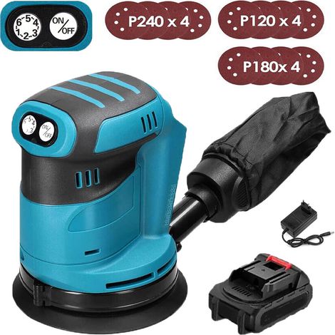 Levigatrici orbitali e rotorbitali,Levigatrice palmare senza fili e senza spazzole da 5", con sacchetto antipolvere, 12 dischi + batteria da 1x 3,0 A+ caricabatterie ， compatibile con batteria Makita