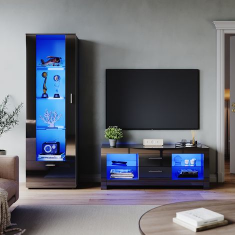 ELEGANT Modern High Gloss Living Room Set with RGB LED Lights Display Cabinet Storage Unit + 1300mm TV Stand Cabinet Black Furniture Set 5 (1/5)