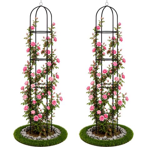 VOUNOT® Lot de 2 Tuteurs obélisques de jardin Ø40 x 194 cm en métal noir - Support modulable pour plantes grimpantes et rosiers (1/5)