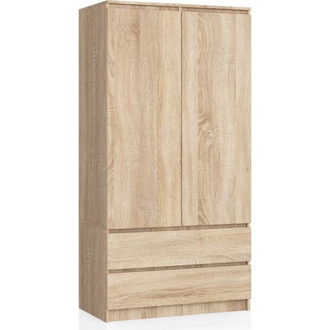 Akord – Armoire 90 cm 2 portes 2 tiroirs – Chêne Sonoma – 4 étagères – Dimensions 90x51x180 cm – Panneau stratifié résistant