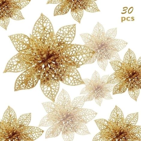 Weihnachtsblumen, 30 funkelnde Weihnachtsblumen, hohle funkelnde Weihnachtsblume, künstliche Weihnachtssternblumen-Dekoration, Dekoration für Hochzeit, Party, Weihnachten (Gold) (1/4)