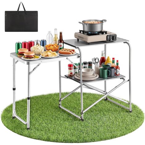 Cuisine de Camping Portable Table de Camping Pliable avec Étagère, Pour Barbecue, Pique-nique et Voyage, Avec Tables d'Appoint, Plan de Travail Résistant à la Chaleur et Sac de Transport (1/5)