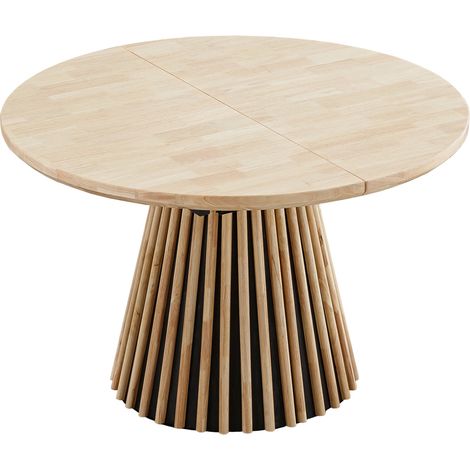 Pegane – Table extensible ronde en MDF placage chêne – Longueur 120-200 cm – Pieds coniques en lamelles de bois – Pour jusqu'à 8 personnes (1/5)