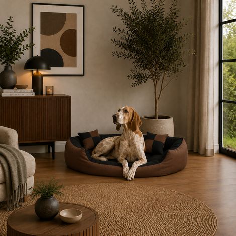 belviona 4-in-1 Hundebett, Hundekörbchen mit Wendekissen, wasserabweisend, tiefer Einstieg & 2 Spielkissen, 110x80 cm, schwarz/braun (1/5)