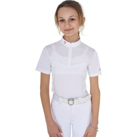 14 anni, Bianco e rosa (18/2120): Polo da concorso per bambina taglio slim fit in tessuto tecnico traforato a mezza manica (1/5)