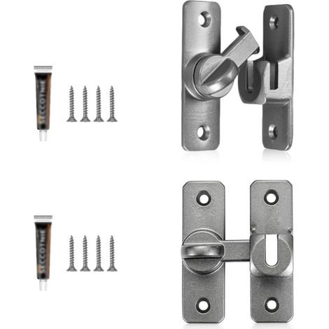 Verrou de Porte Coulissante 2 Pièces, Loquet en Alliage d'Aluminium - Verrouillage 90° et 180°, Installation Vis ou Adhésif, pour Porte Intérieure, Placard