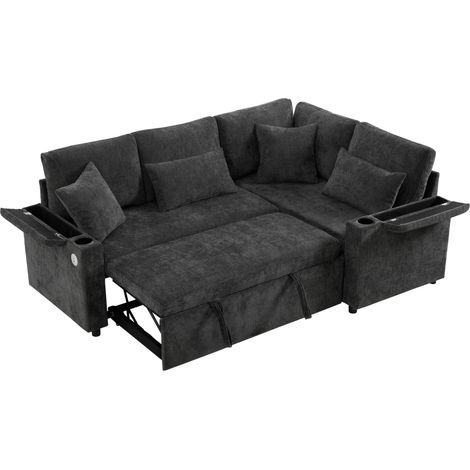 L-förmiges Ecksofa mit Stauraum, Becherhalter, USB und 4 Kissen, Dunkelgrau (1/5)