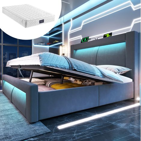 Polsterbett Stauraumbett 140x200 cm mit LED und USB- und Typ-C-Anschlüssen, gebogenes Kopfteil in Veloursgrau, Matratze inklusive (1/5)