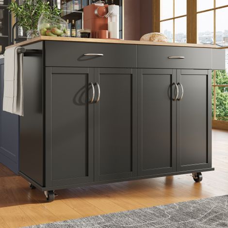 Îlot de Cuisine Mobile Pliable Noir MDF Veinage Bois 106×50×90,5cm, Sur Roulettes Verrouillables, Multi-Rangements avec Tablette Déployable (1/5)