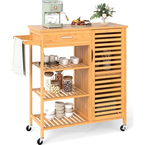 Desserte de Cuisine Roulant en Bambou avec Tiroir, 3 Étagères Ouvertes, 1 Armoire à Porte, Porte-serviettes, Roulettes Verrouillables, 91 x 44 x 89 cm (1/5)