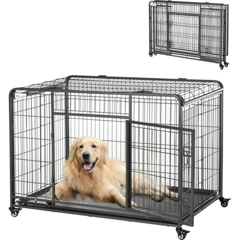 Jaula metálica para perros con puerta con cerradura y ruedas, bandeja extraíble y tapa abatible para mascotas extragrandes. Medidas: 125 x 76 x 81 cm. (1/5)