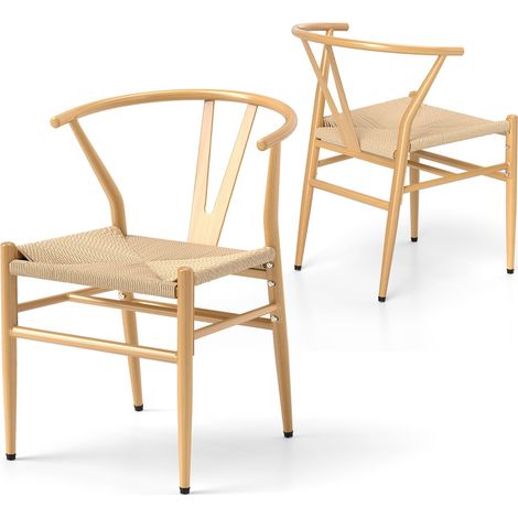 Set di 2 sedie da pranzo, schienale a Y, seduta in rattan intrecciato, impilabili