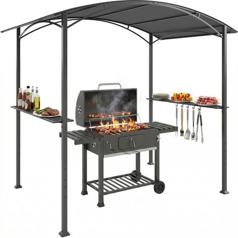 Outsunny carpa barbacoa 2,4 x 1,5 m, con 2 estantes laterales, toldo resistente a la intemperie, ganchos y estructura de acero, gris oscuro (1/5)