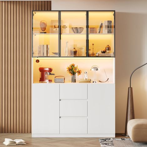 Vetrina a LED in vetro temperato 120x40x200 cm - Mobile espositivo e contenitore con 3 cassetti, 2 ante e ripiano aperto - Bianco (1/5)