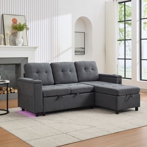 Divano letto 208/146/89,5 cm grigio con contenitore, LED e porte USB (1/5)