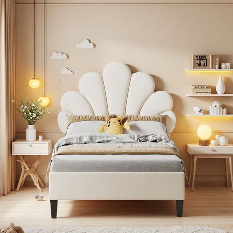Lit rembourré 90x200cm Cadre de lit Simple avec tête de lit en Forme de Fleur et sommier à Lattes Lit enfant pour Adolescente Beige Velours