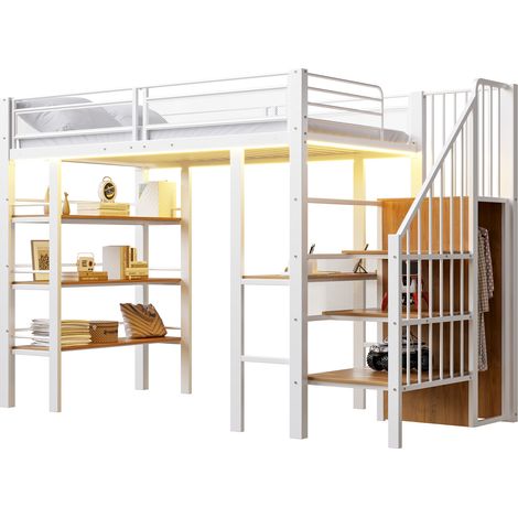 Hochbett 90 x 200 Cm Mit LED, Steckdose, Schreibtisch, Regalen Und Kleiderschrank, Ohne Matratze, Aus Metall, Weiß (1/5)