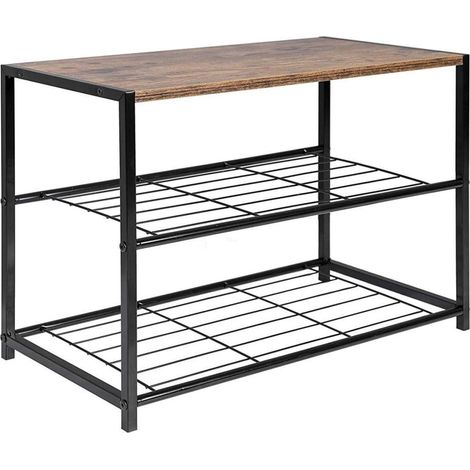 WOLTU Schuhbank Schuhregal mit Sitzfläche Badregal Schuhablage Schuhkommode Schuhständer Organizier Sitzbank mit 2 Ablagen für ca. 6 Paar Schuhe, Holz Metall, 63x30x43cm, Schwarz Rohre-Holzoptik Vinta