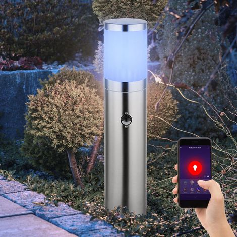 Sockelleuchte E27 Stehlampe Terrassen Außenleuchte Bewegungsmelder Wetterfest IP44, App-Sprachsteuerung dimmbar CCT, 1x Smart RGB LED 10W 806Lm 2700-6400K, DxH 14x50 cm