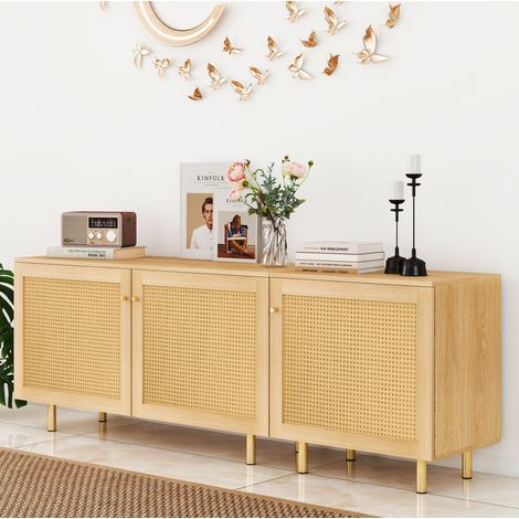 Buffet 180x40x63 cm en MDF et rotin naturel, modulable avec rangement pour salle à manger FloraGrace (1/5)