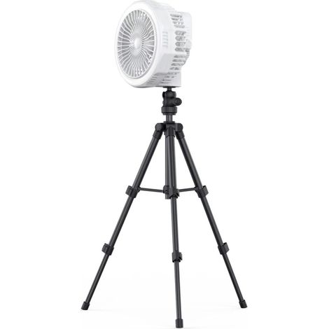 Ventilador trípode plegable 3 en 1: de mesa, techo y suelo. 4 velocidades, 3 niveles de intensidad de luz, batería integrada de 10 000 mAh y soporte incluido.
