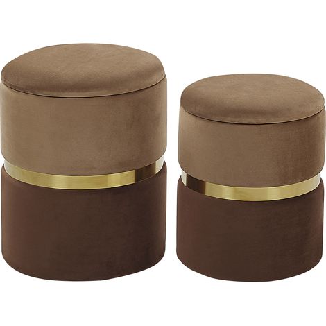 Conjunto de 2 pufs con almacenamiento tapizados en terciopelo de poliéster marrón claro y oscuro reposapiés diseño retro Wichita (1/5)
