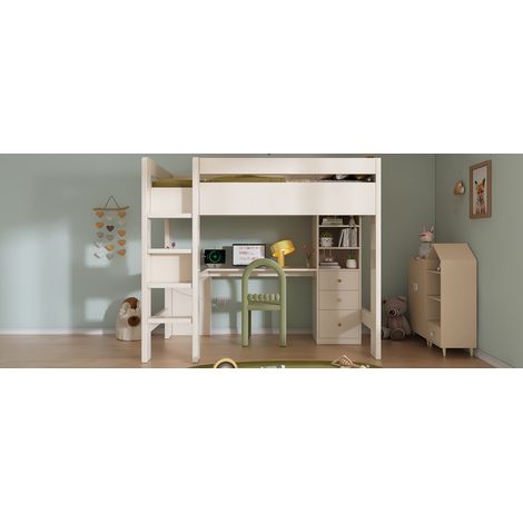 Letto a soppalco in legno bianco 90x200 cm con scrivania a L, scaffali, cassetti e porte USB/Type-C