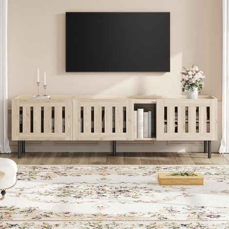 Meuble TV 160 cm avec 3 portes de placard, design ajouré, en MDF, pour TV jusqu'à 65 pouces, meuble TV moderne - Naturelle