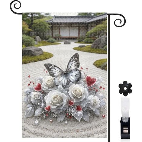 Drapeau de jardin floral 30 x 45 cm motif papillon et roses toile double face pour extérieur (1/5)