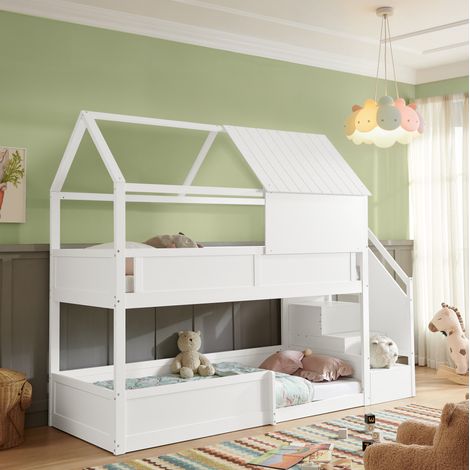 Litera 80/200 cm de madera maciza blanca con escalera y techo decorativo (1/5)