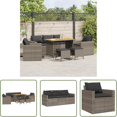 The Living Store Salon de jardin 6 pcs avec coussins gris résine tressée - Salon De Jardin - Mobilier Extérieur - Set Salon De Jardin - Résine Tressée - Rotin Synthétique (1/5)