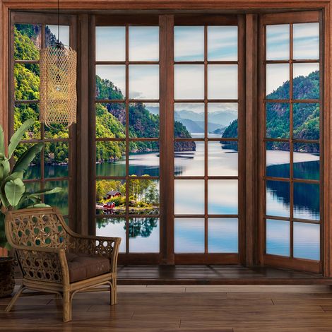 Papier peint panoramique Trompe l'oeil Fenêtre en bois - Lac - 195 cm x 156 cm (1/5)