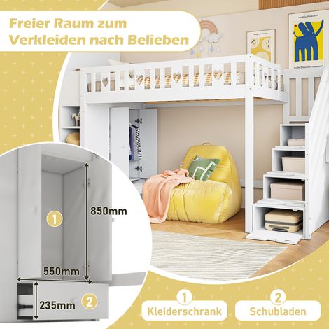Lit mezzanine 90x200cm, échelle de rangement, étagères, placard pliable, espace libre sous le lit pour se déguiser, garde-corps en forme de cœur, sans matelas, blanc (1/5)