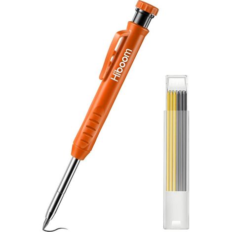 Crayon chantier-Crayon de charpentier avec 7 Recharges, solide et extensible menuisier taille-crayon intégré, outils marquage porte-mines pour Verre, Céramique, Bois(Orange) (1/5)