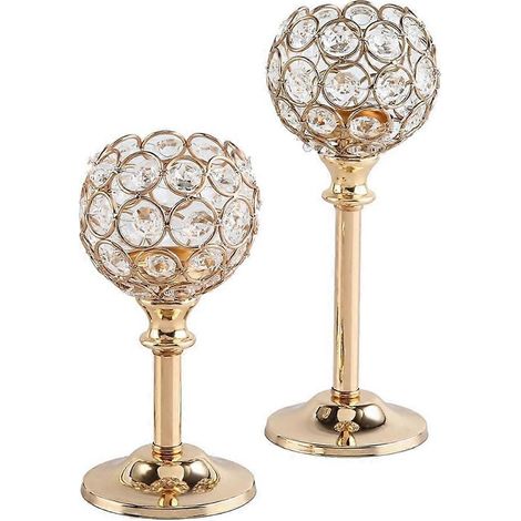 Bougeoirs européens en métal et cristal, bougeoirs dorés pour bureau, décoration de mariage ou d'intérieur (lot de 2). (1/5)