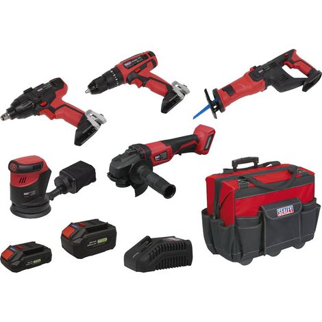 Sealey CP20VCOMBO2EU 5 x SV20 Series Cordless Power Tool Kit 20V - 2 Batteries & Euro Plug