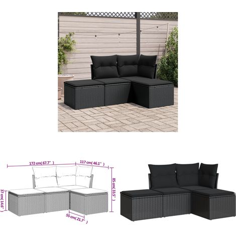 Salon de jardin 4 pcs avec coussins noir résine tressée - Salon De Jardin - Mobilier De Jardin - Salon Extérieur - Ensemble De Canapés - Canapé D'angle - Home & Living (1/3)