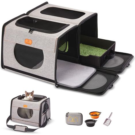 Grand sac de transport pour chat, litière de voyage pour chats, caisse pliable pour chien, une pour litière et cage souple pour chat 2 en 1, double sac de transport pour animaux de compagnie (1/5)