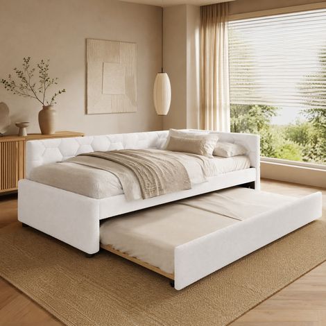 Cama nido 90x200 cm blanca en bouclé y MDF con cama extraíble, luz nocturna y puertos USB/USB-C (1/5)