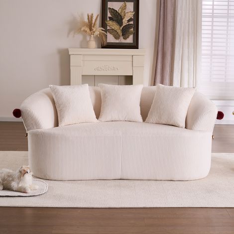 Canapé 2 places 163x93 cm design arrondi - Revêtement velours côtelé avec pompons décoratifs - Coussins inclus - Blanc (1/5)
