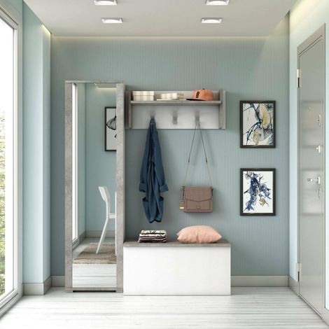 Dmora - Mobile da ingresso Mirtilla, Entratina moderna con appendiabiti, Mobile con scarpiera, Armadietto con specchio, Cm 50x32h182, Bianco e Cemento, con imballo rinforzato (1/5)