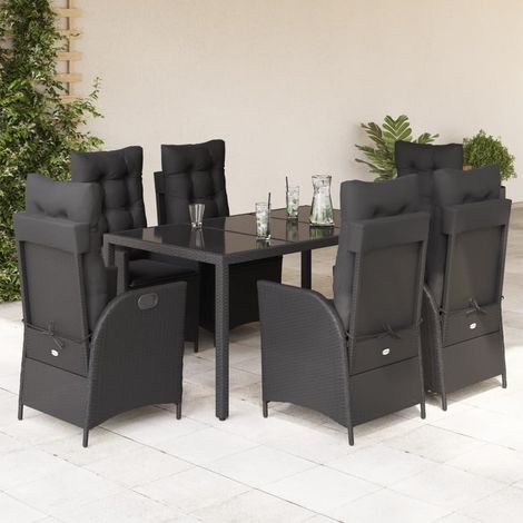 Ensemble de Salle à Manger Jardin 7 Pièces Noir - Table 150x90cm + 6 Chaises en Résine Tressée avec Coussins Lavables et Verre Trempé (1/5)