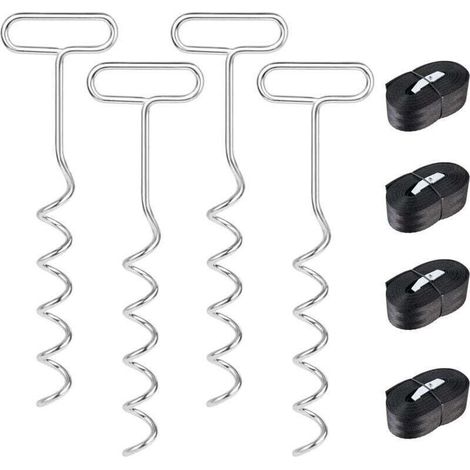 Kit d'ancrage sol pour trampoline – 4 ancres en acier spiralé + sangles résistantes – fixation stable et rapide (1/4)
