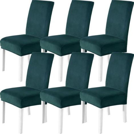 Ensemble de 6 housses de chaise élastiques universelles, texture velours doux, housse de protection épaisse, vert foncé. (1/5)