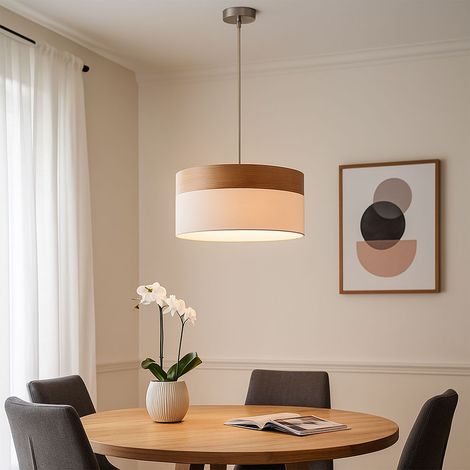 LED Hängeleuchte Pendellampe Wohnzimmerleuchte Esstischlampe Küchenleuchte Holzoptik, Textil weiß, 11W 1055lm warmweiß, DxH 40x120 cm