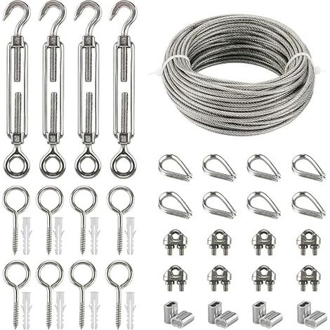 Stainless Steel Cable Kits, 20m Galvanized Steel Cable, Metal Cable Kit with M5 Eye-Hook Tensioner, Wire Cable Ties, Crimping Sleeves, Closed Pitons, Heart Lug (1/5)