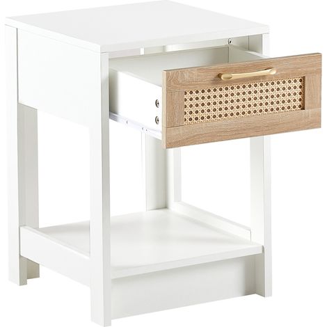Mesita de noche de MDF con cajón y acabado de ratán blanco 40 x 40 x 55 cm MODENUIT (1/5)