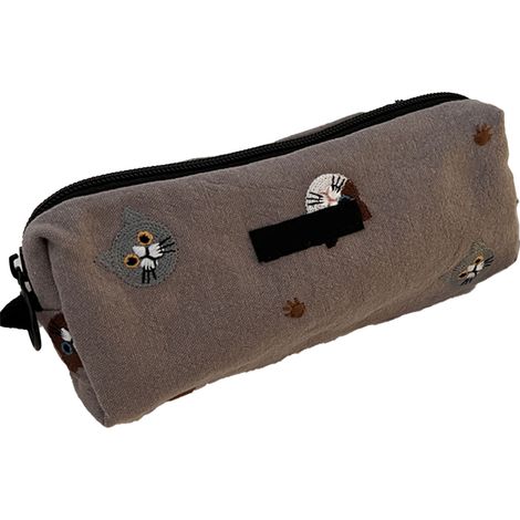 Trousse à crayons en coton gris, motif broderie charmant, grande capacité, pochette polyvalente pour filles étudiantes (1/5)